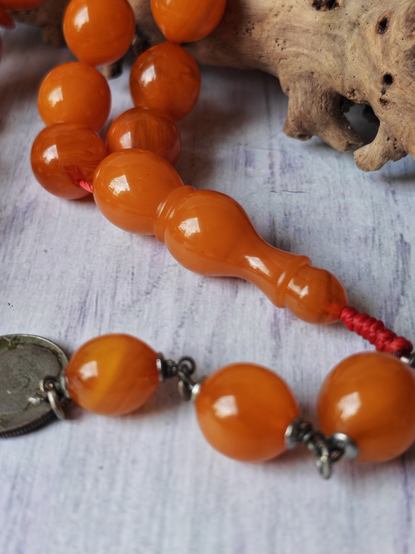 German Bakelite Carvacraft Tasbih – 39 Pigeon-Egg Beads | Turkish Craft | Silver Coin Tassel | Deep Honey Color with Transparent Veins