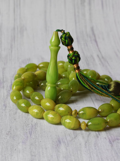 German Bakelite Tasbih – 53 Beads | Light Cloudy Green | Olive-Shaped | Daily Use