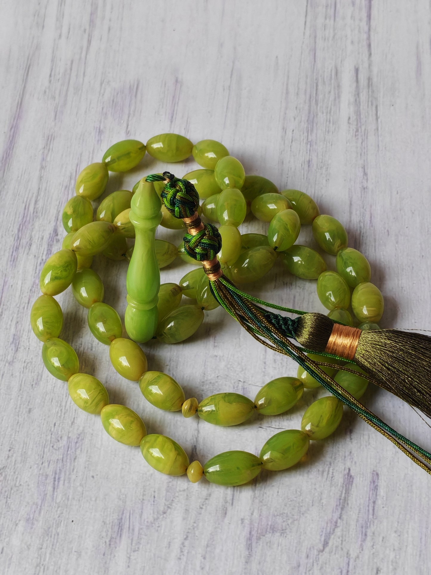 German Bakelite Tasbih – 53 Beads | Light Cloudy Green | Olive-Shaped | Daily Use