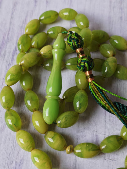 German Bakelite Tasbih – 53 Beads | Light Cloudy Green | Olive-Shaped | Daily Use