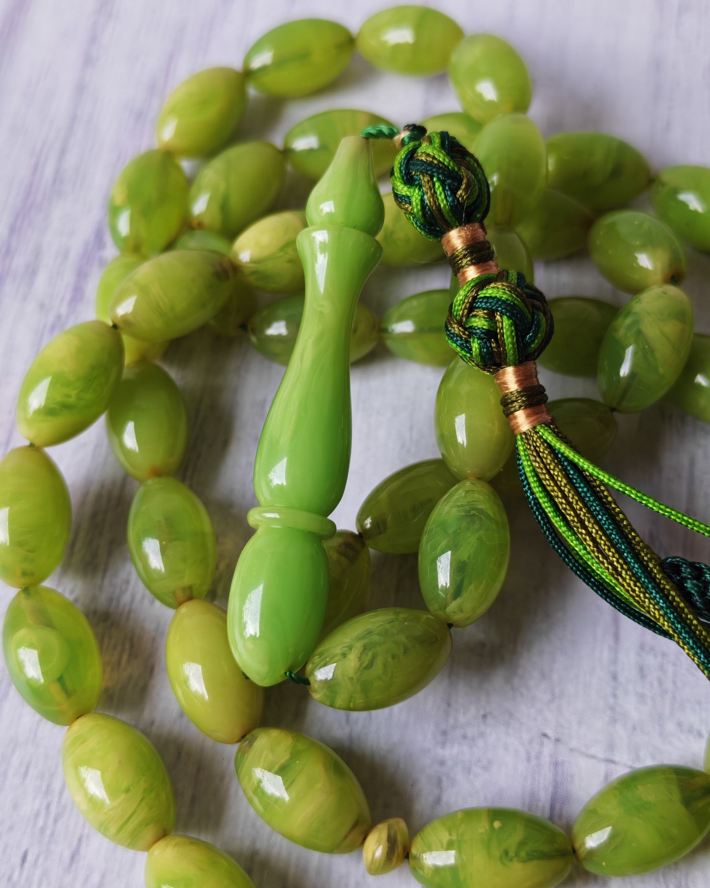 German Bakelite Tasbih – 53 Beads | Light Cloudy Green | Olive-Shaped | Daily Use