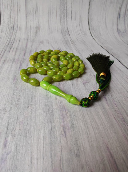 German Bakelite Tasbih – 53 Beads | Light Cloudy Green | Olive-Shaped | Daily Use