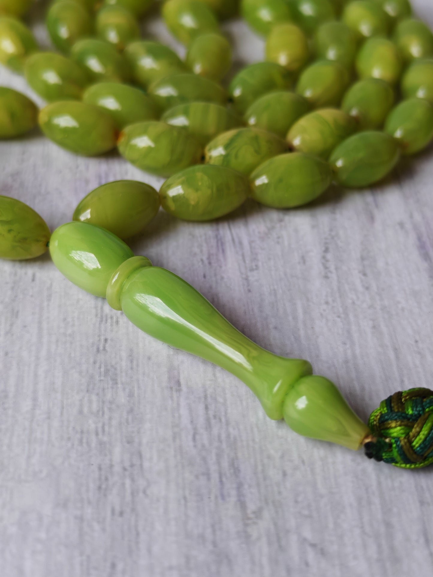 German Bakelite Tasbih – 53 Beads | Light Cloudy Green | Olive-Shaped | Daily Use
