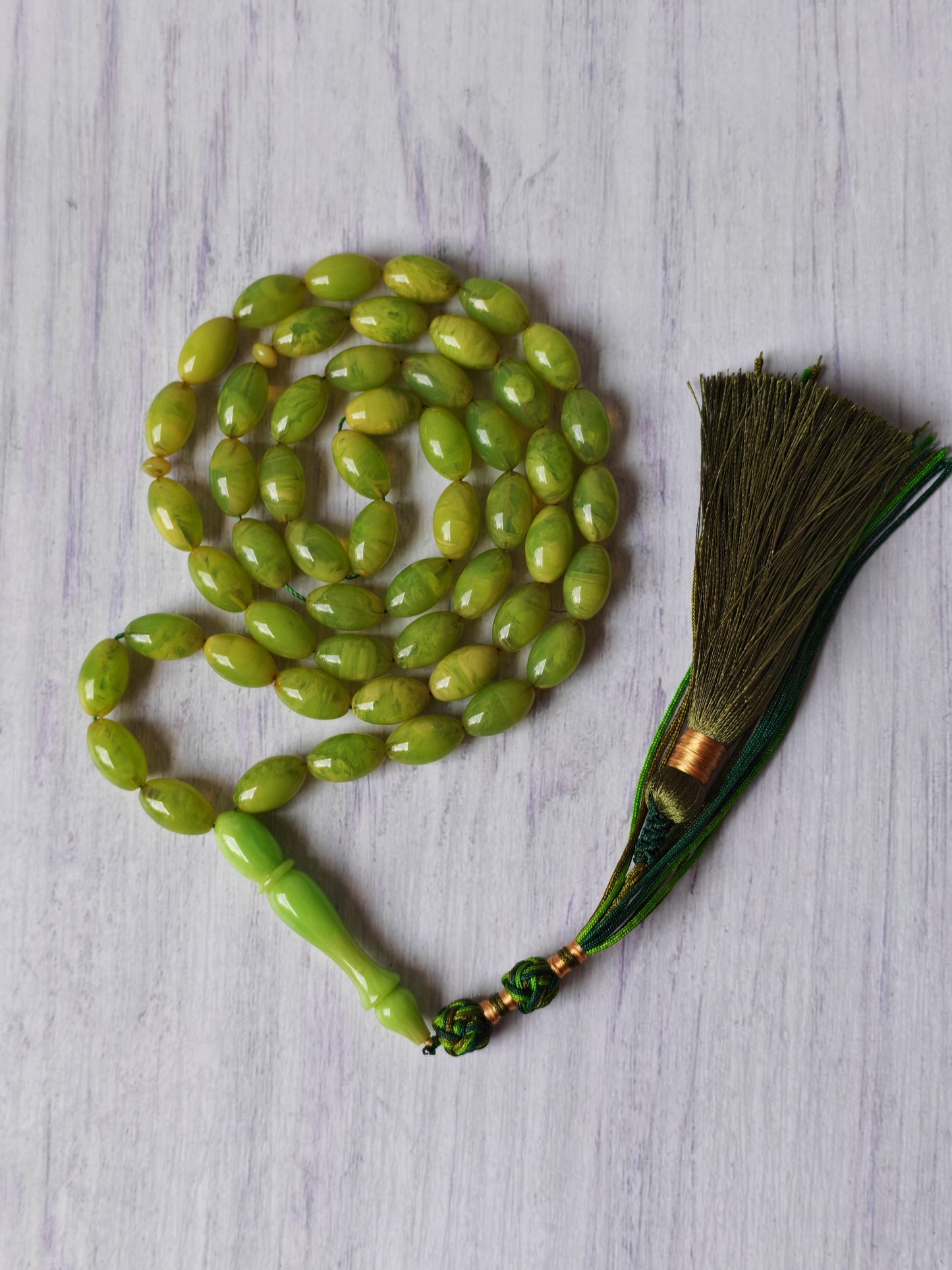German Bakelite Tasbih – 53 Beads | Light Cloudy Green | Olive-Shaped | Daily Use