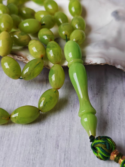 German Bakelite Tasbih – 53 Beads | Light Cloudy Green | Olive-Shaped | Daily Use