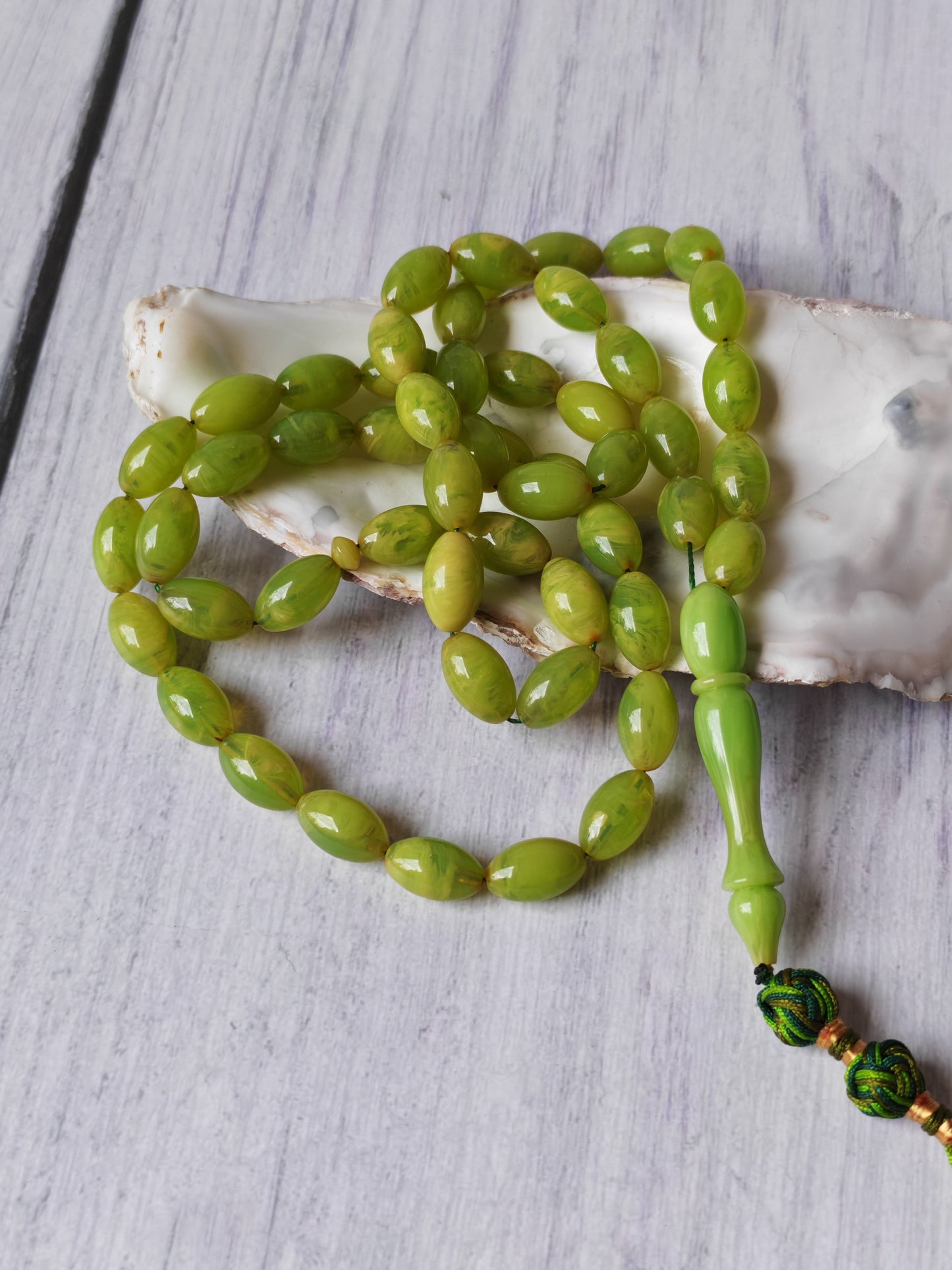 German Bakelite Tasbih – 53 Beads | Light Cloudy Green | Olive-Shaped | Daily Use
