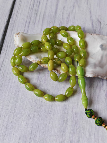 German Bakelite Tasbih – 53 Beads | Light Cloudy Green | Olive-Shaped | Daily Use