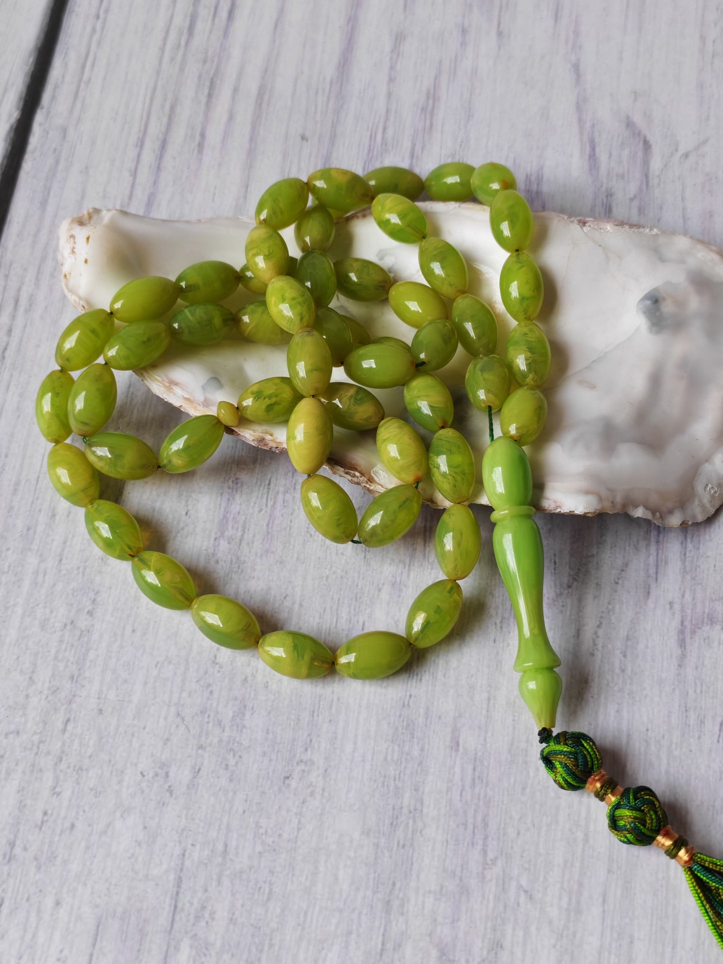 German Bakelite Tasbih – 53 Beads | Light Cloudy Green | Olive-Shaped | Daily Use