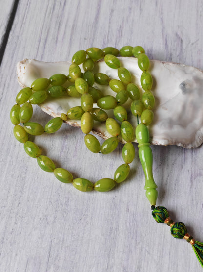 German Bakelite Tasbih – 53 Beads | Light Cloudy Green | Olive-Shaped | Daily Use