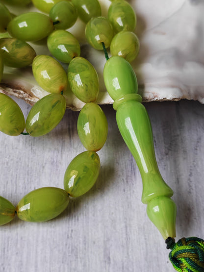 German Bakelite Tasbih – 53 Beads | Light Cloudy Green | Olive-Shaped | Daily Use