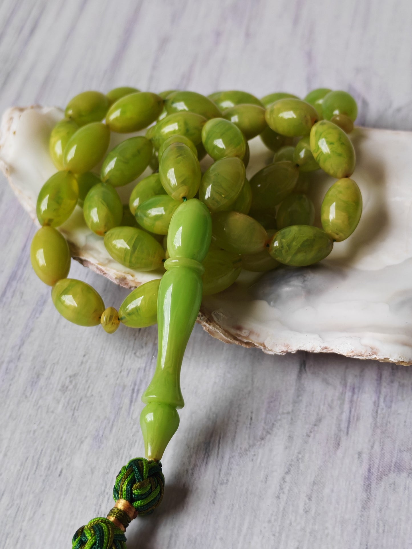 German Bakelite Tasbih – 53 Beads | Light Cloudy Green | Olive-Shaped | Daily Use