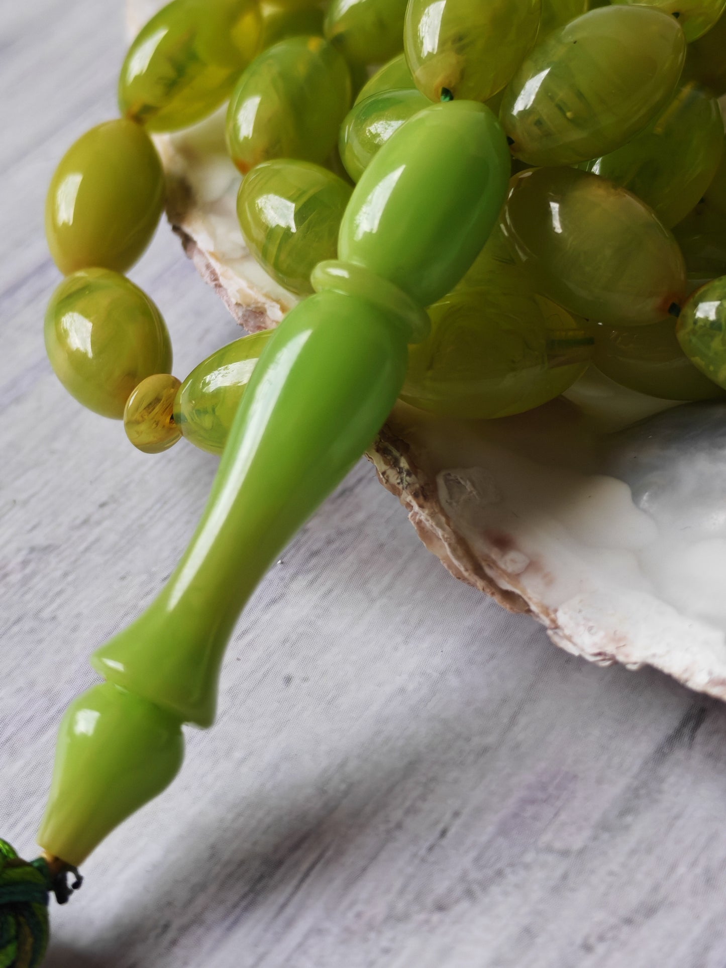 German Bakelite Tasbih – 53 Beads | Light Cloudy Green | Olive-Shaped | Daily Use