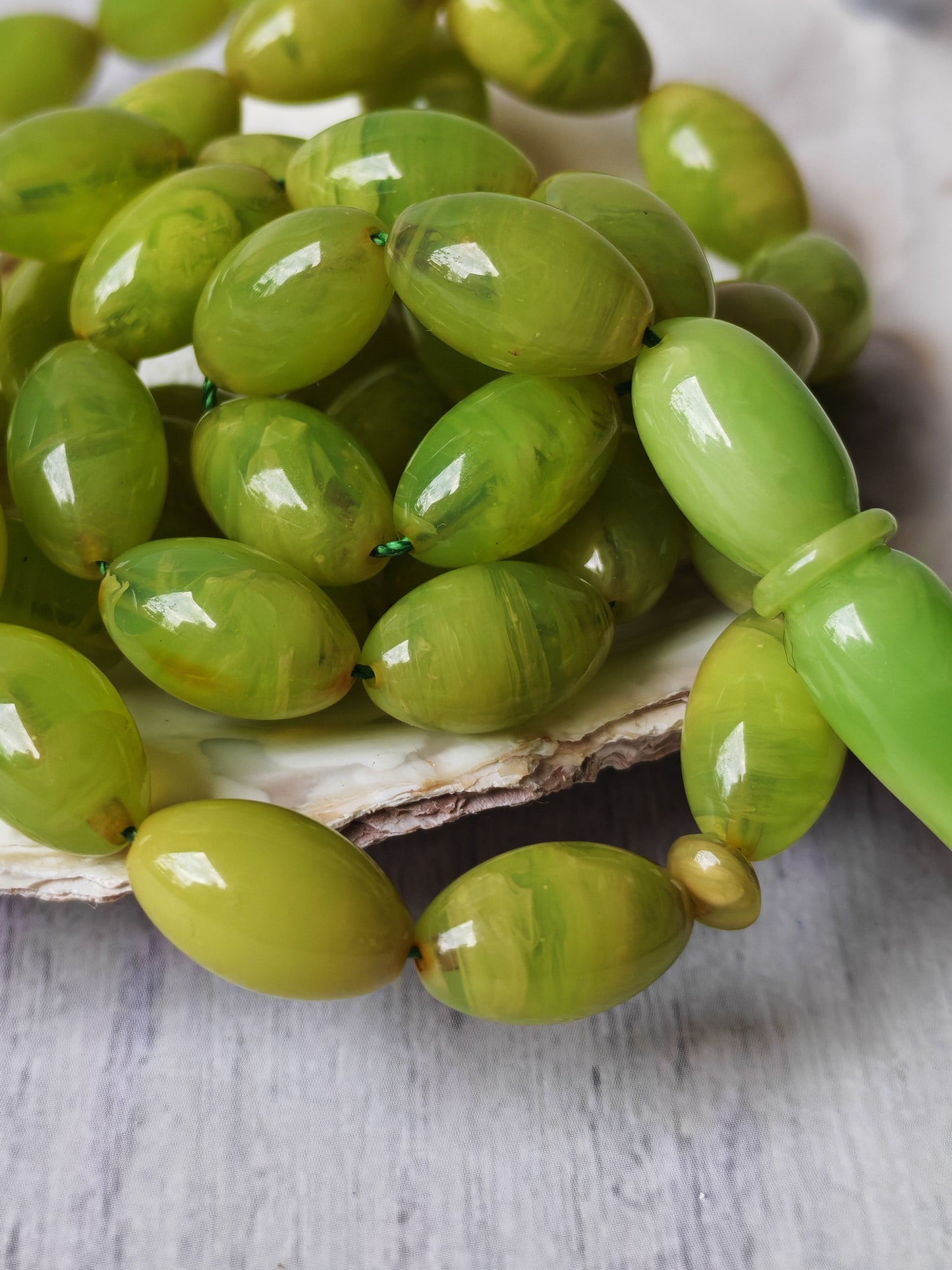 German Bakelite Tasbih – 53 Beads | Light Cloudy Green | Olive-Shaped | Daily Use