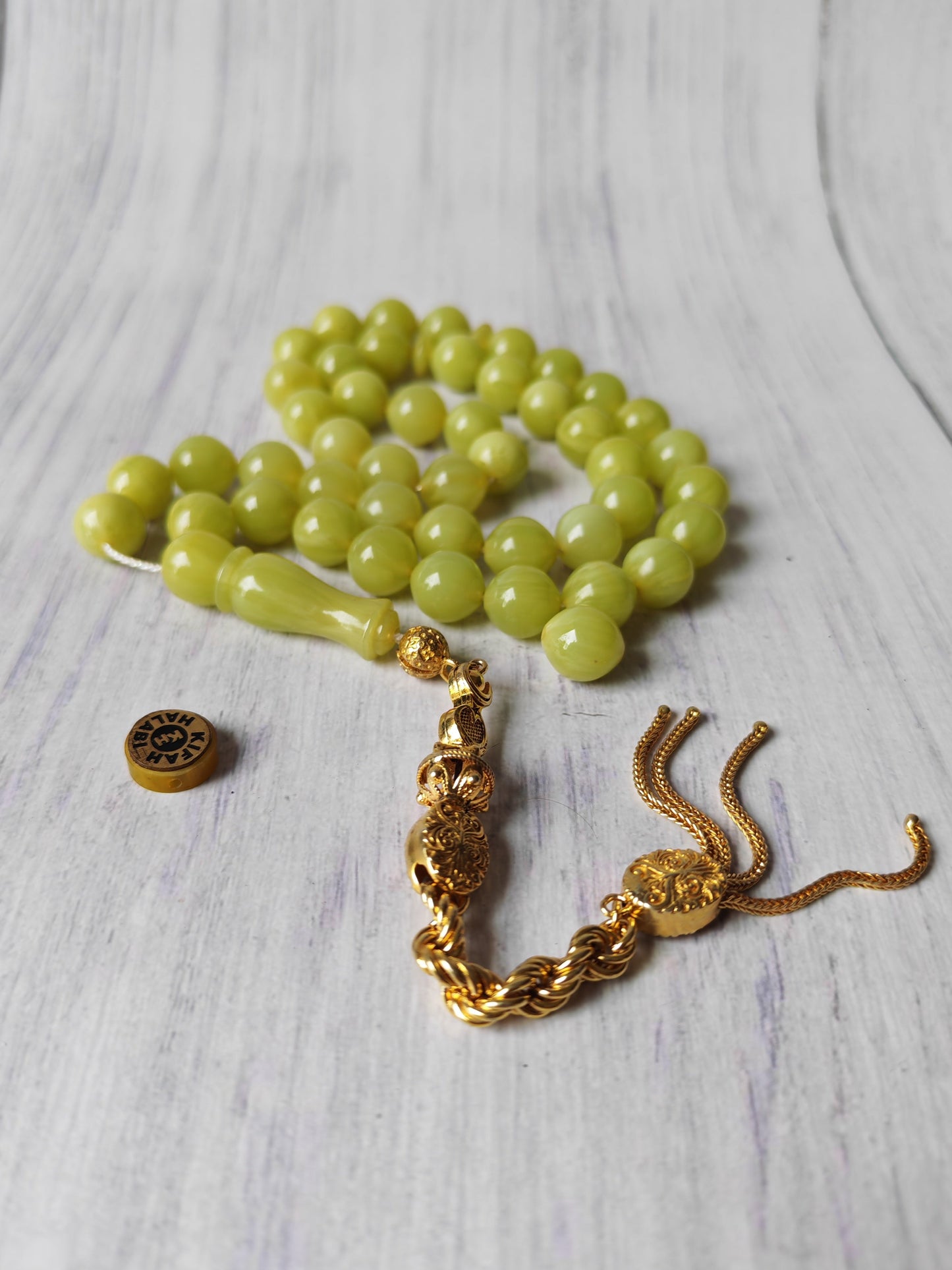 Light Lime Green German Bakelite Tasbih by Kifah Halabi – 45 Istanbul-Shaped Beads