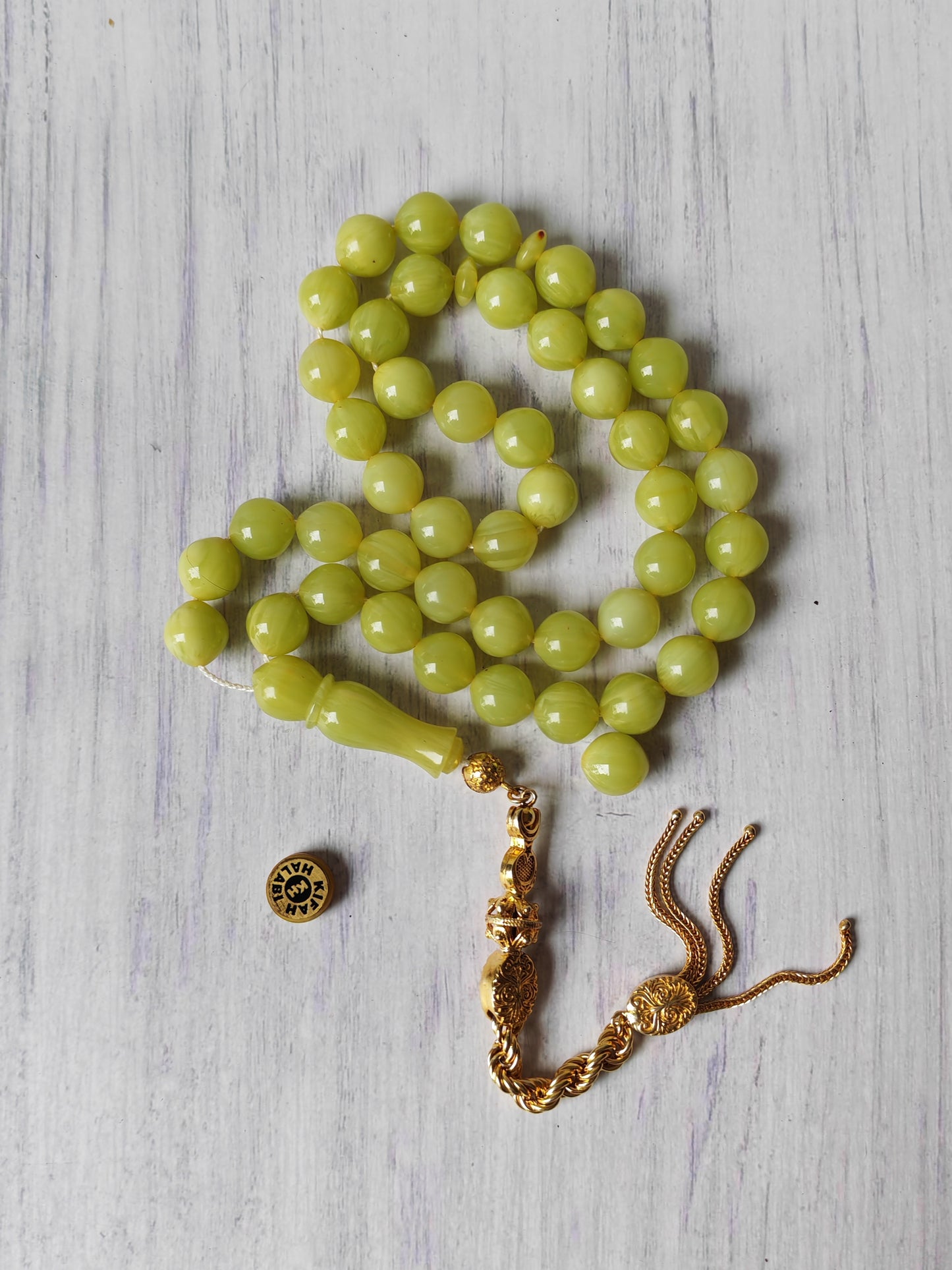 Light Lime Green German Bakelite Tasbih by Kifah Halabi – 45 Istanbul-Shaped Beads