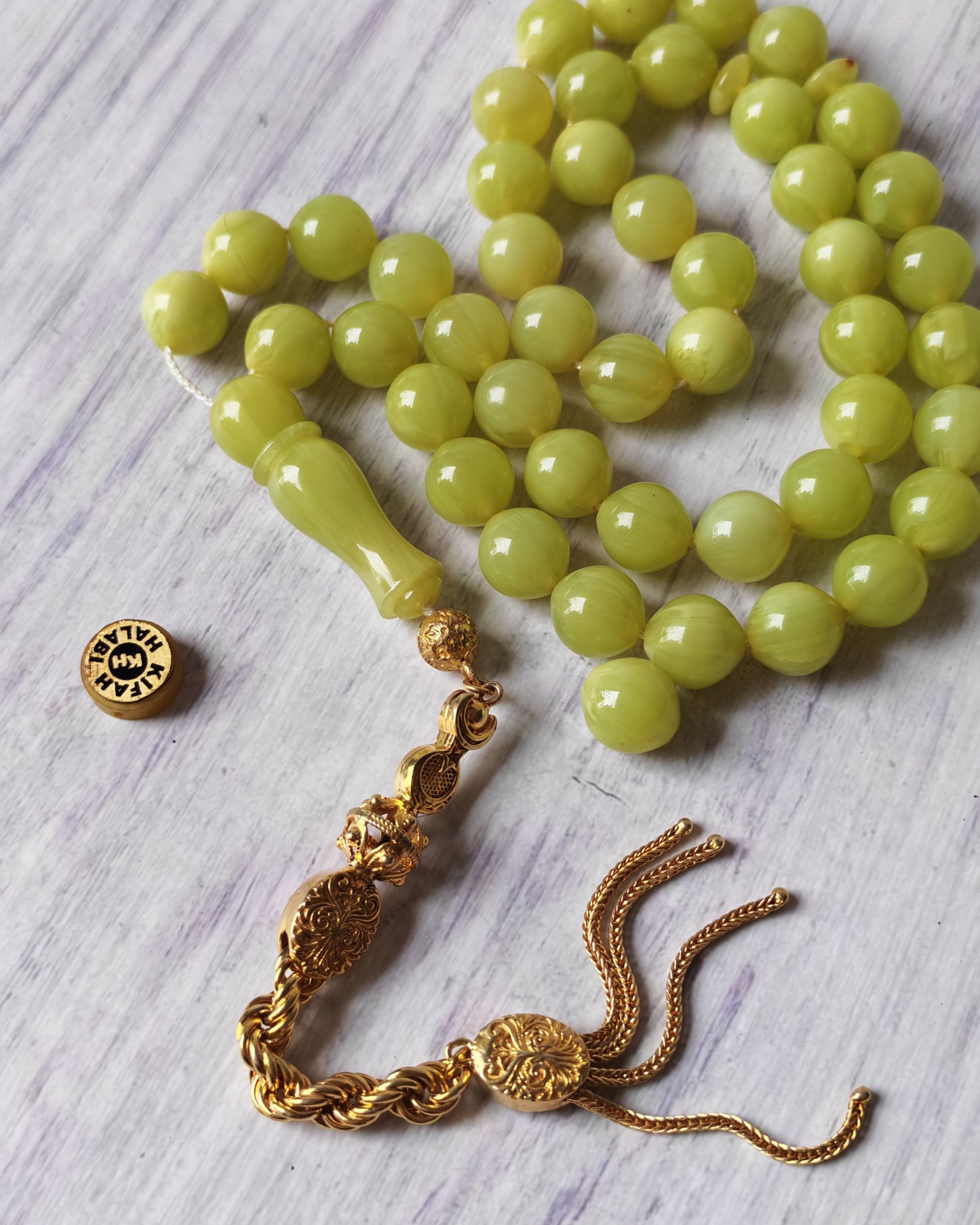 Light Lime Green German Bakelite Tasbih by Kifah Halabi – 45 Istanbul-Shaped Beads