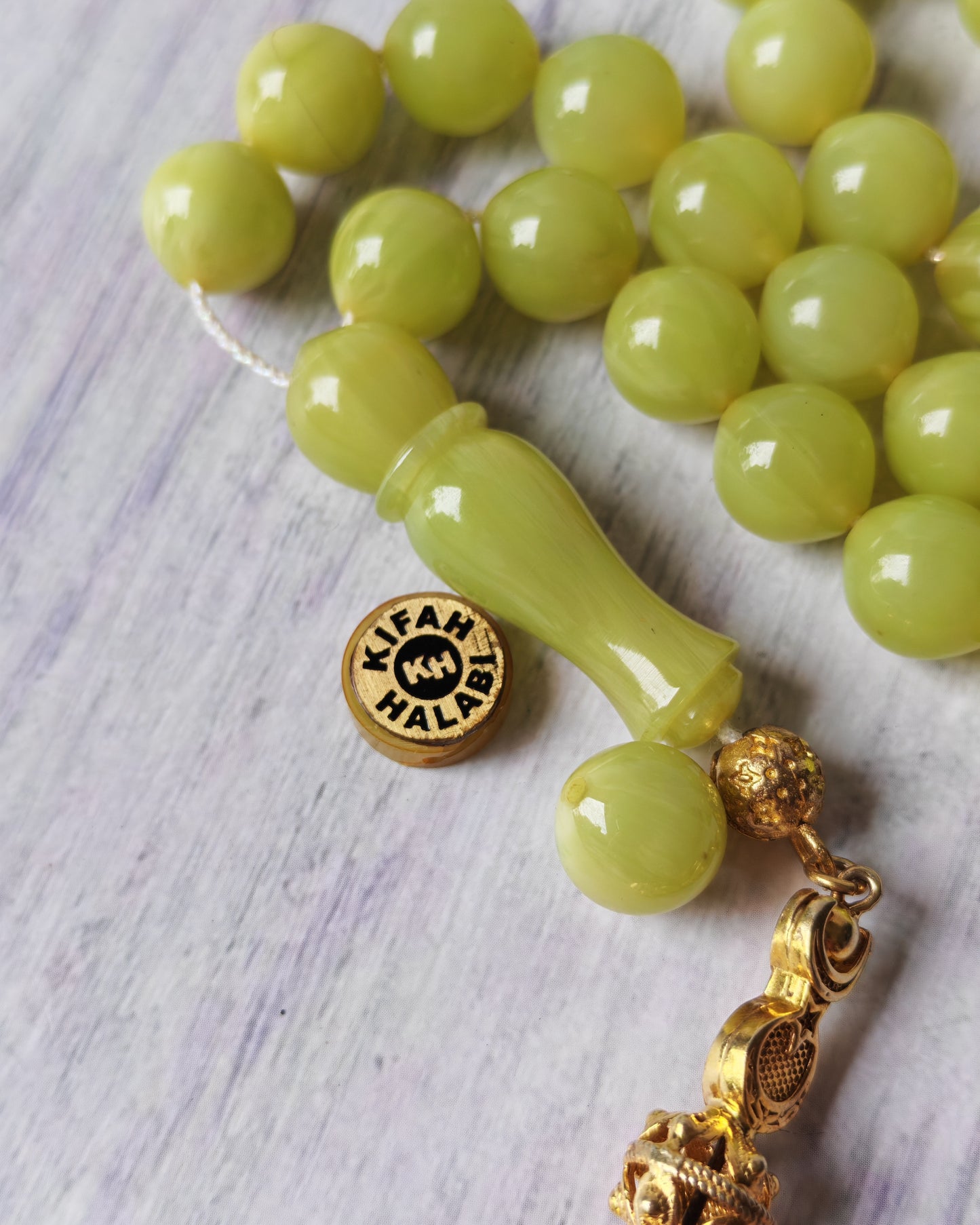 Light Lime Green German Bakelite Tasbih by Kifah Halabi – 45 Istanbul-Shaped Beads