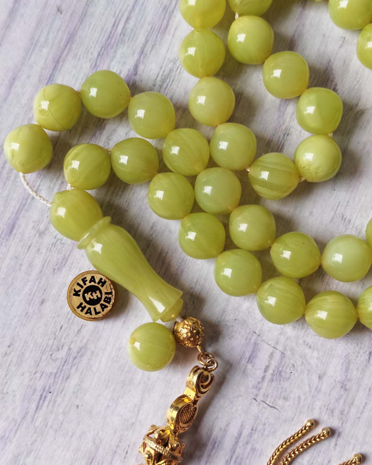 Light Lime Green German Bakelite Tasbih by Kifah Halabi – 45 Istanbul-Shaped Beads