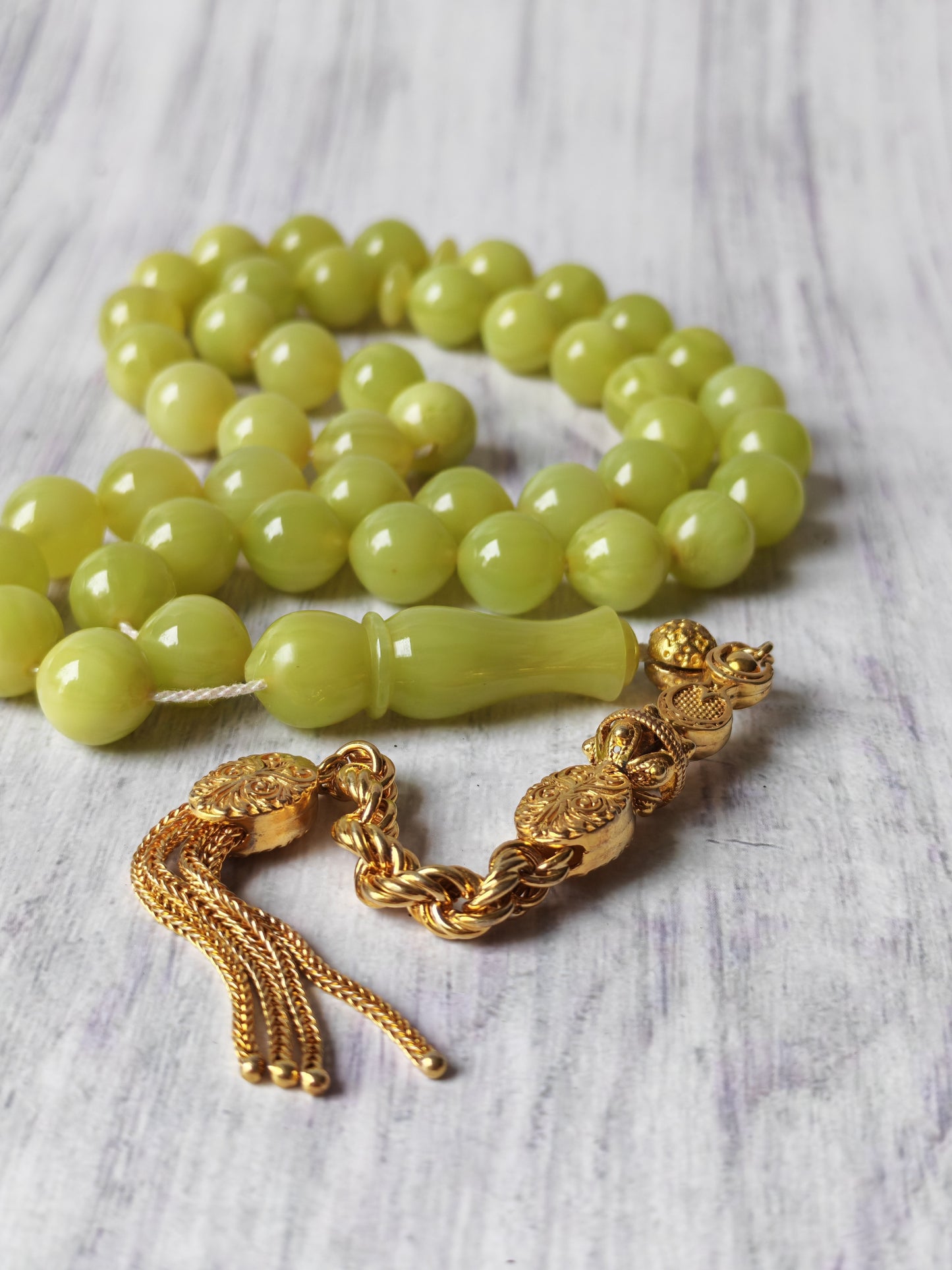 Light Lime Green German Bakelite Tasbih by Kifah Halabi – 45 Istanbul-Shaped Beads
