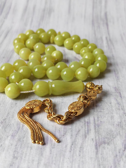 Light Lime Green German Bakelite Tasbih by Kifah Halabi – 45 Istanbul-Shaped Beads