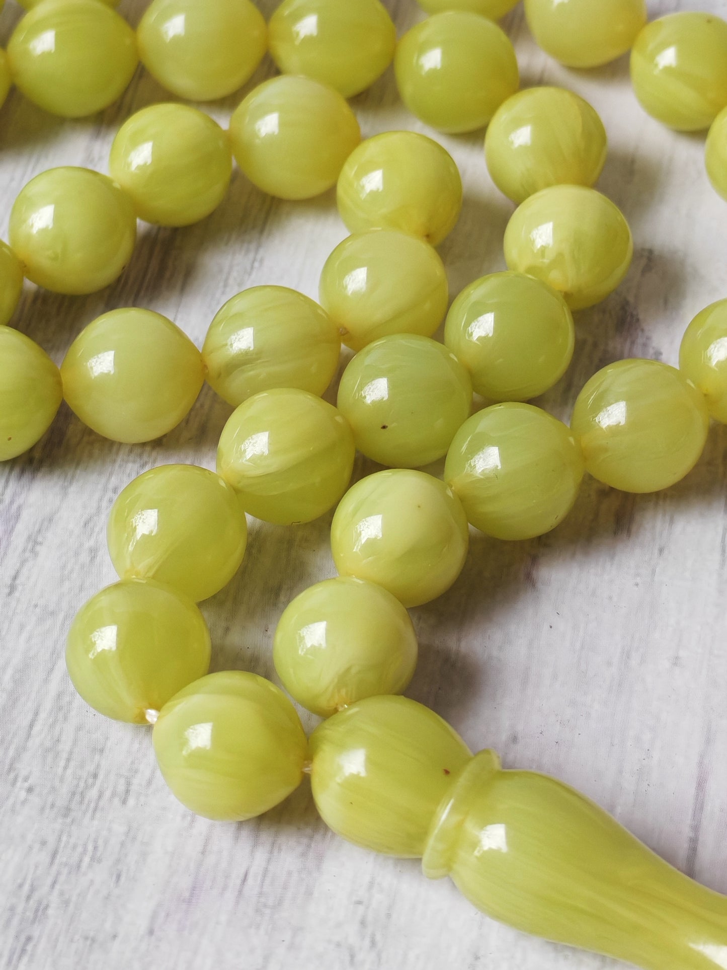 Light Lime Green German Bakelite Tasbih by Kifah Halabi – 45 Istanbul-Shaped Beads