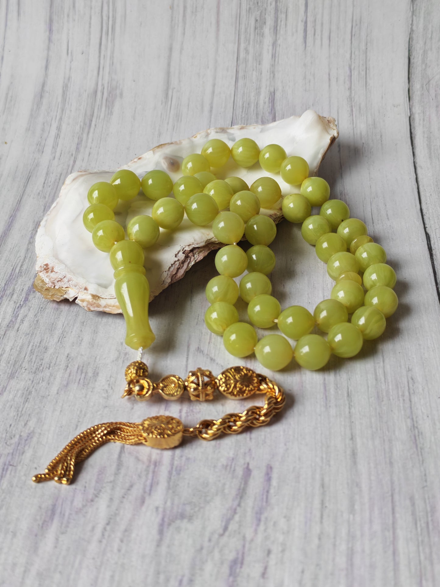 Light Lime Green German Bakelite Tasbih by Kifah Halabi – 45 Istanbul-Shaped Beads