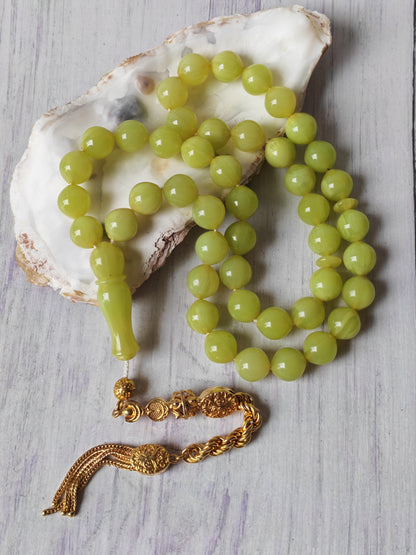 Light Lime Green German Bakelite Tasbih by Kifah Halabi – 45 Istanbul-Shaped Beads