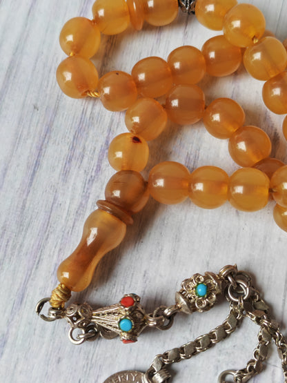 Antique German Bakelite Tasbih – 33 Donut-Shaped Beads | Ottoman Craft | Silver Tassel with Coins