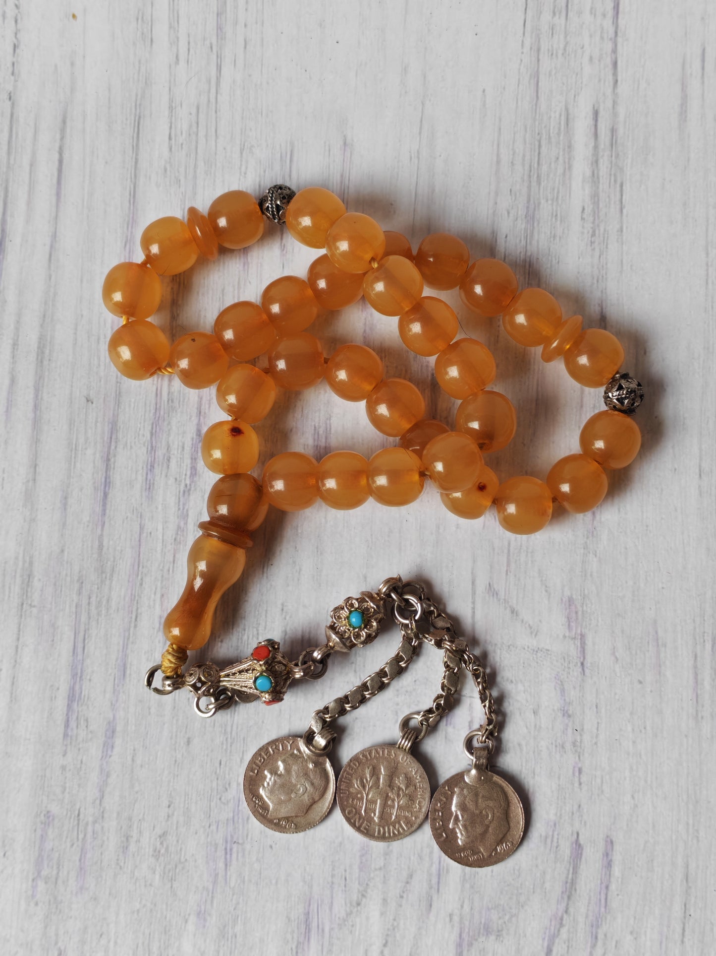 Antique German Bakelite Tasbih – 33 Donut-Shaped Beads | Ottoman Craft | Silver Tassel with Coins