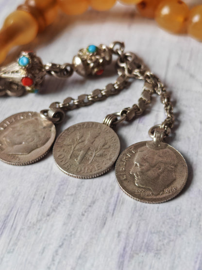 Antique German Bakelite Tasbih – 33 Donut-Shaped Beads | Ottoman Craft | Silver Tassel with Coins