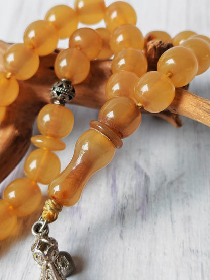 Antique German Bakelite Tasbih – 33 Donut-Shaped Beads | Ottoman Craft | Silver Tassel with Coins