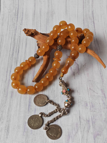 Antique German Bakelite Tasbih – 33 Donut-Shaped Beads | Ottoman Craft | Silver Tassel with Coins