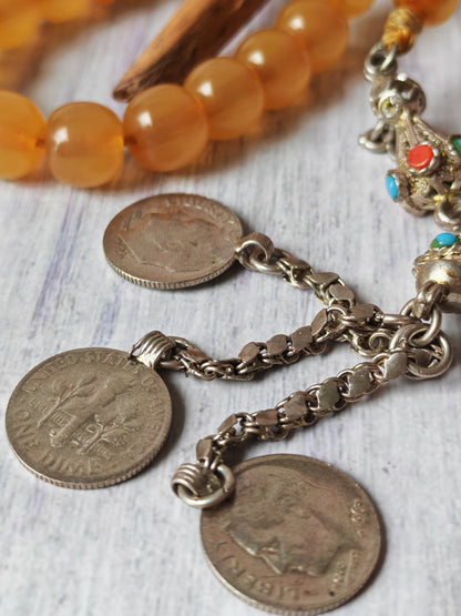 Antique German Bakelite Tasbih – 33 Donut-Shaped Beads | Ottoman Craft | Silver Tassel with Coins