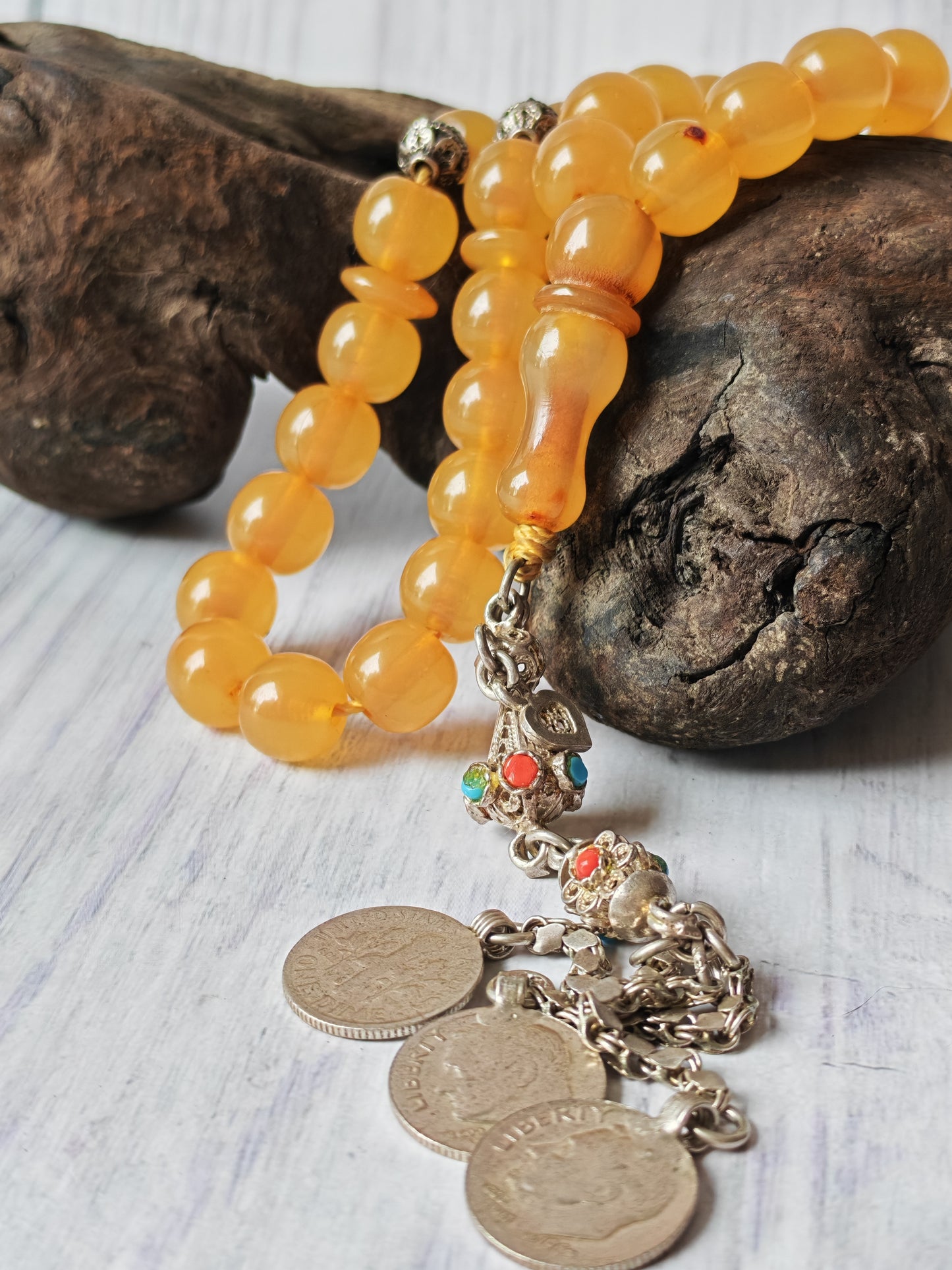 Antique German Bakelite Tasbih – 33 Donut-Shaped Beads | Ottoman Craft | Silver Tassel with Coins