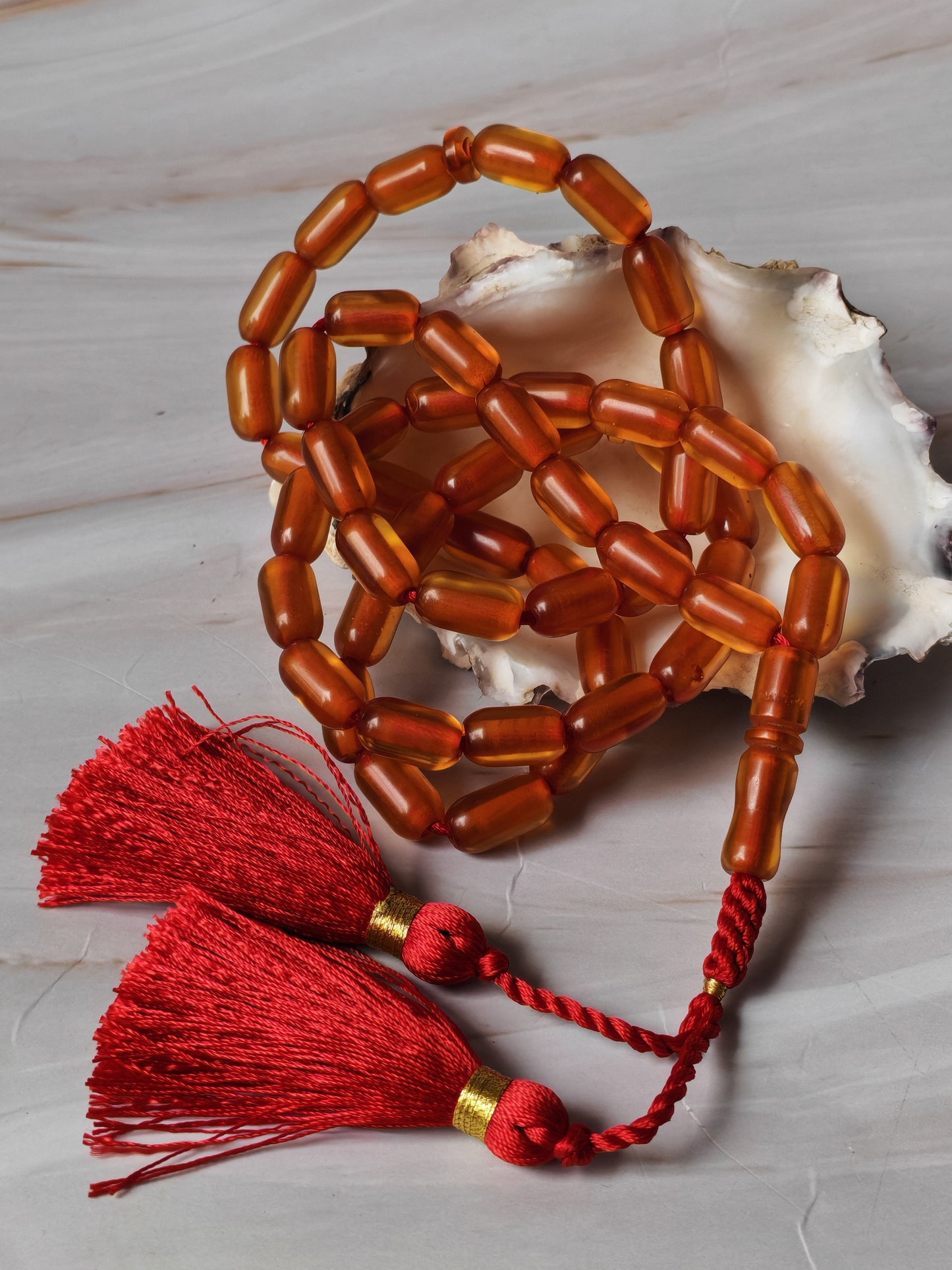 German Bakelite Rosary – 51 Beads | Cognac Transparent Barrel Beads