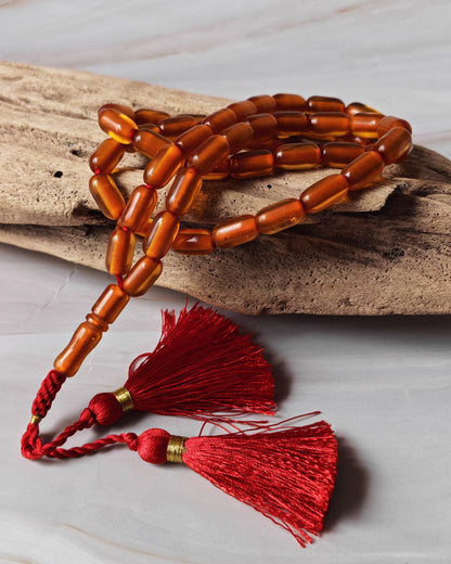 German Bakelite Rosary – 51 Beads | Cognac Transparent Barrel Beads