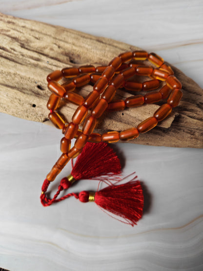 German Bakelite Rosary – 51 Beads | Cognac Transparent Barrel Beads