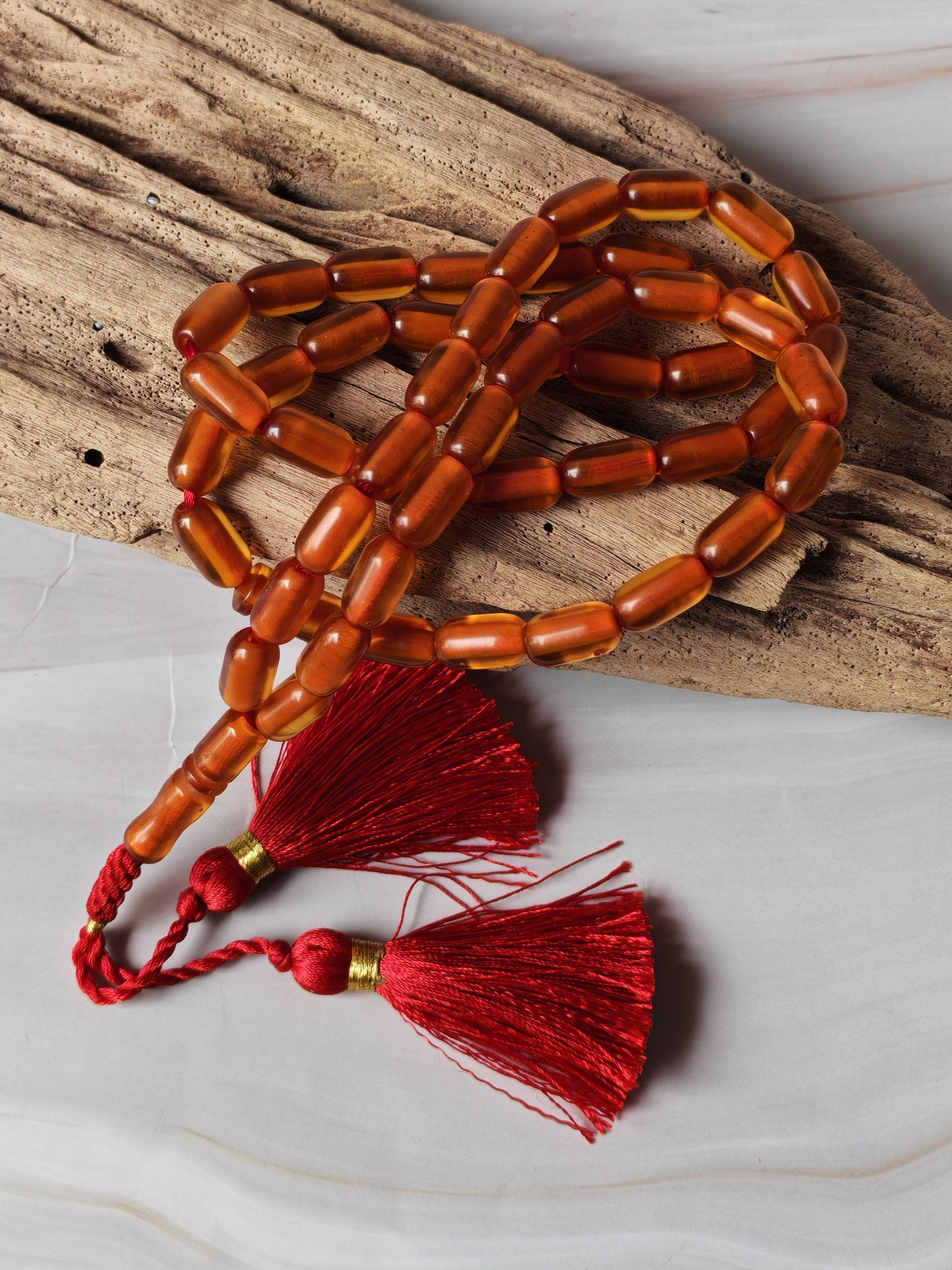 German Bakelite Rosary – 51 Beads | Cognac Transparent Barrel Beads