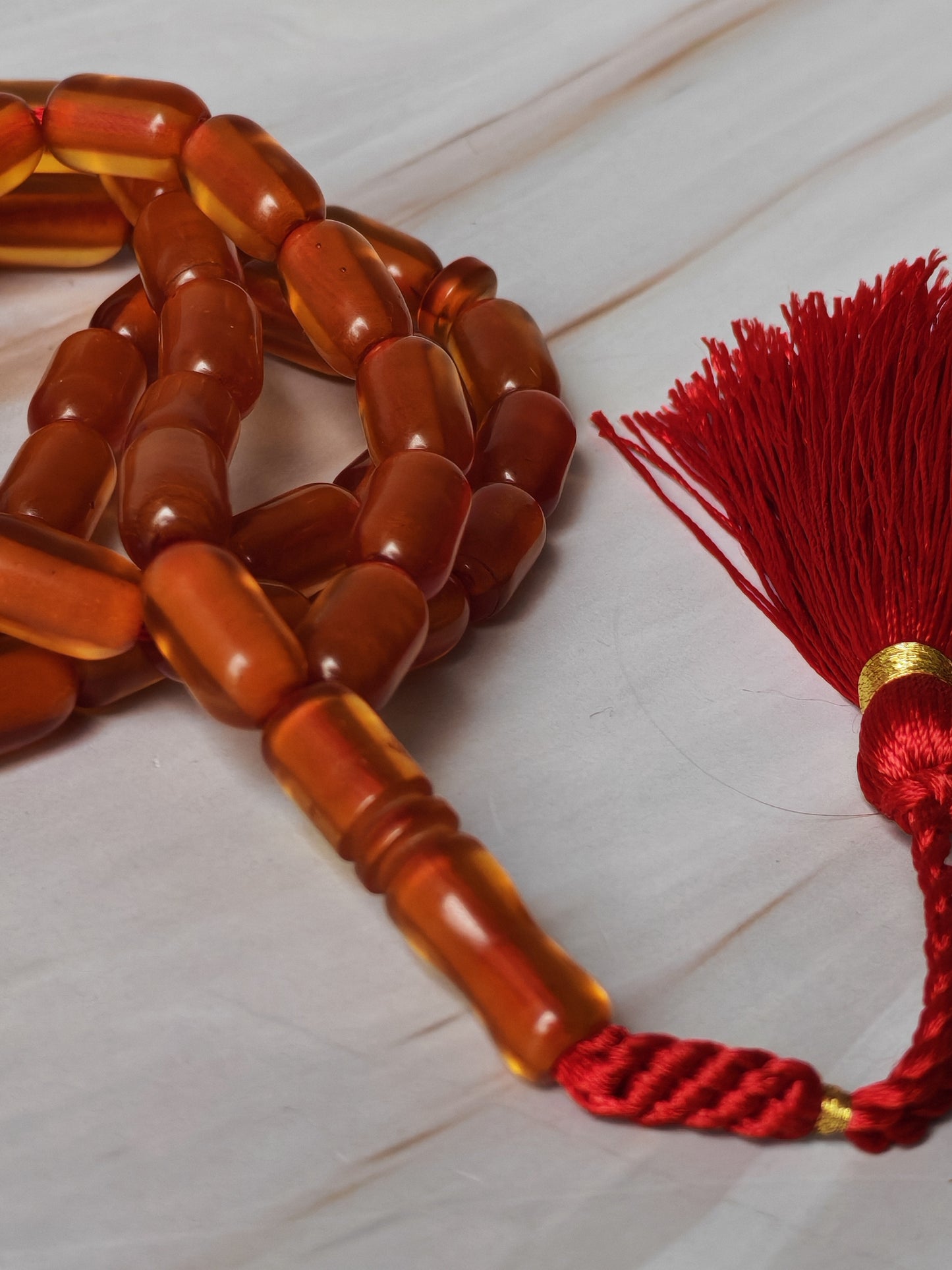 German Bakelite Rosary – 51 Beads | Cognac Transparent Barrel Beads