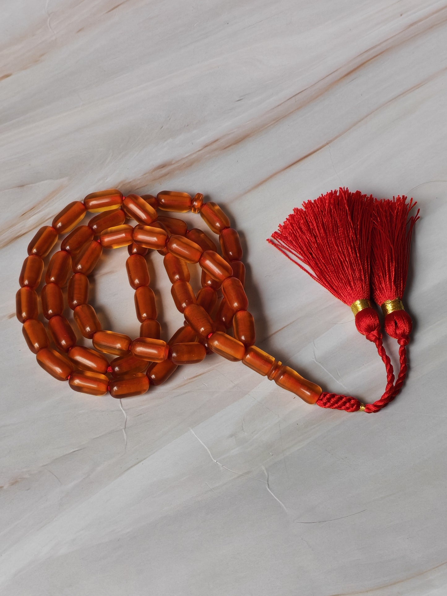 German Bakelite Rosary – 51 Beads | Cognac Transparent Barrel Beads