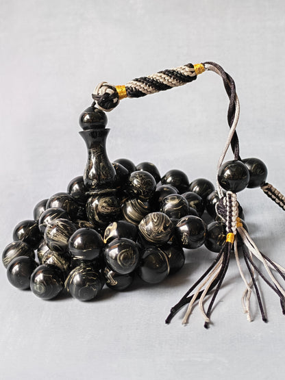 American Bakelite Rosary – 53 Beads | Rare Istanbul Shape in Black with White Veins