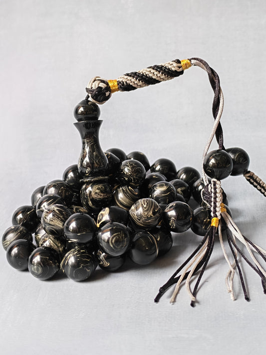 American Bakelite Rosary – 53 Beads | Rare Istanbul Shape in Black with White Veins