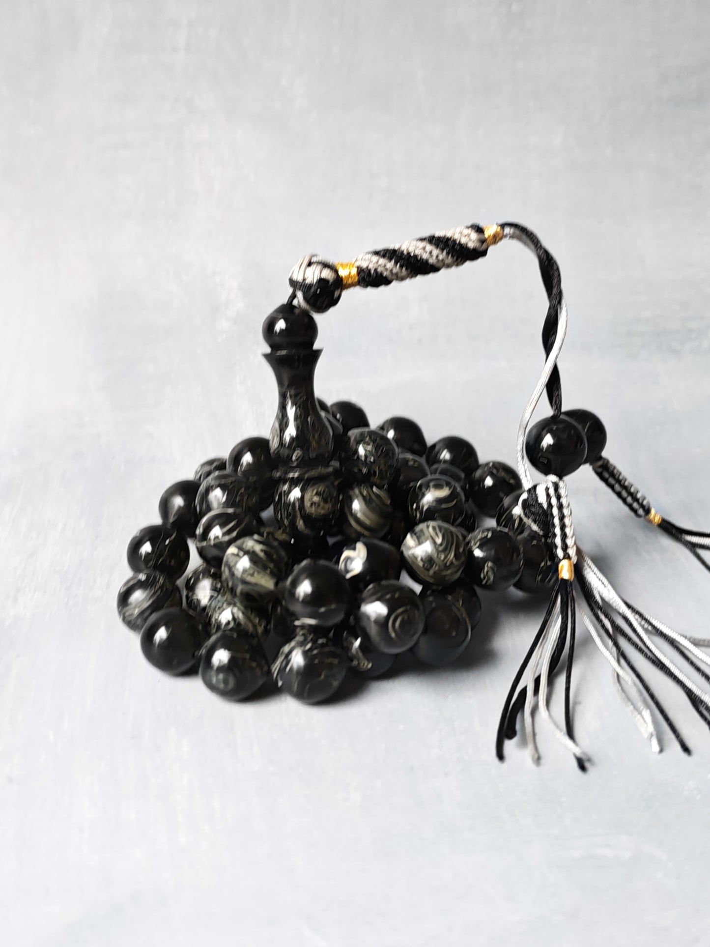 American Bakelite Rosary – 53 Beads | Rare Istanbul Shape in Black with White Veins