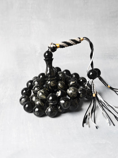 American Bakelite Rosary – 53 Beads | Rare Istanbul Shape in Black with White Veins