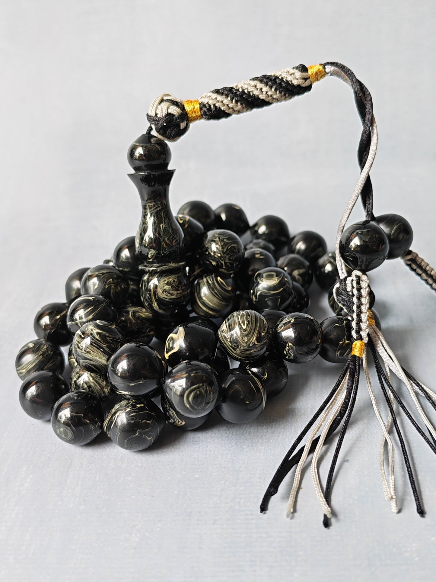 American Bakelite Rosary – 53 Beads | Rare Istanbul Shape in Black with White Veins