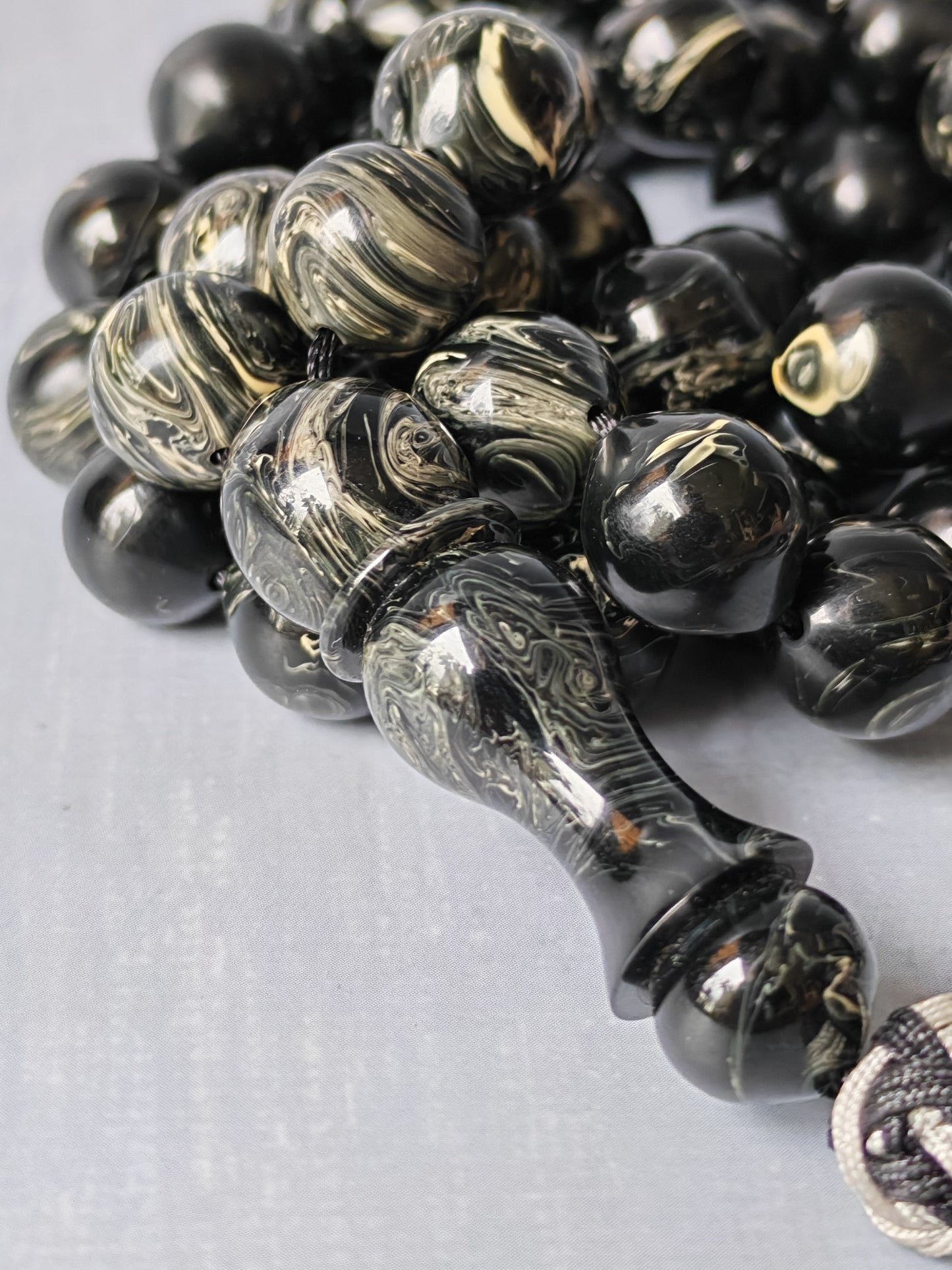 American Bakelite Rosary – 53 Beads | Rare Istanbul Shape in Black with White Veins
