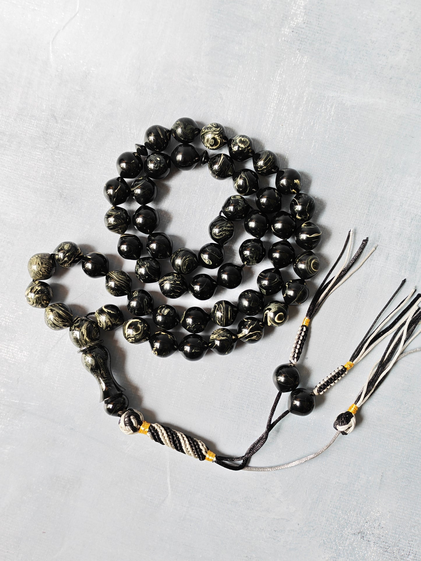 American Bakelite Rosary – 53 Beads | Rare Istanbul Shape in Black with White Veins