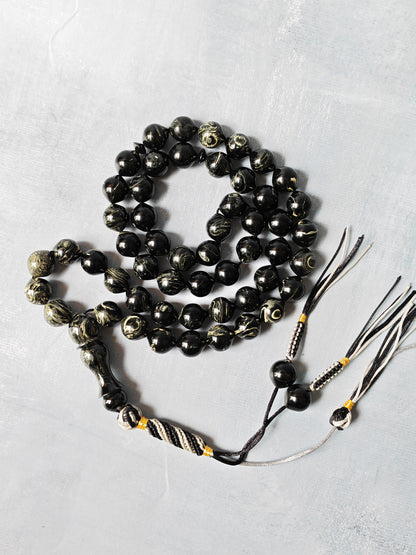 American Bakelite Rosary – 53 Beads | Rare Istanbul Shape in Black with White Veins