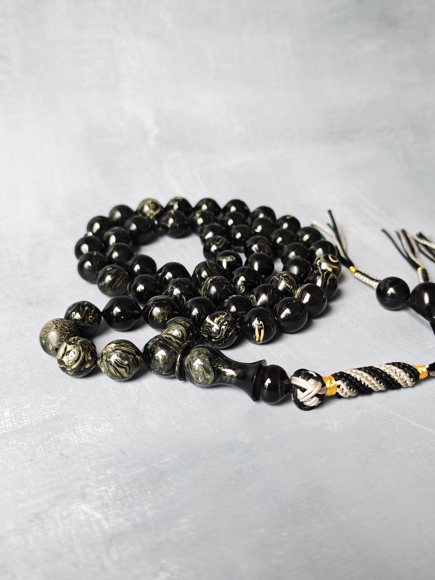 American Bakelite Rosary – 53 Beads | Rare Istanbul Shape in Black with White Veins