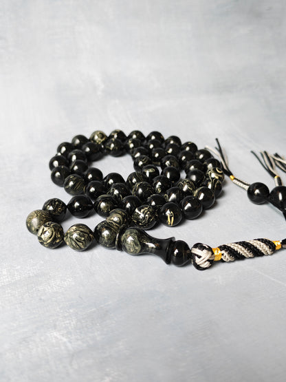 American Bakelite Rosary – 53 Beads | Rare Istanbul Shape in Black with White Veins